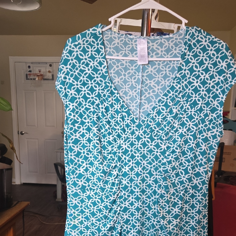 Source Unknown Blue and White Sheath Dress with Cap Sleeves